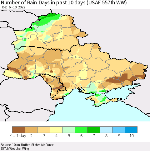 Ukraine, Moldova and Belarus Number of Rain Days in past 10 days (USAF 557th WW) Thematic Map For 12/6/2022 - 12/10/2022