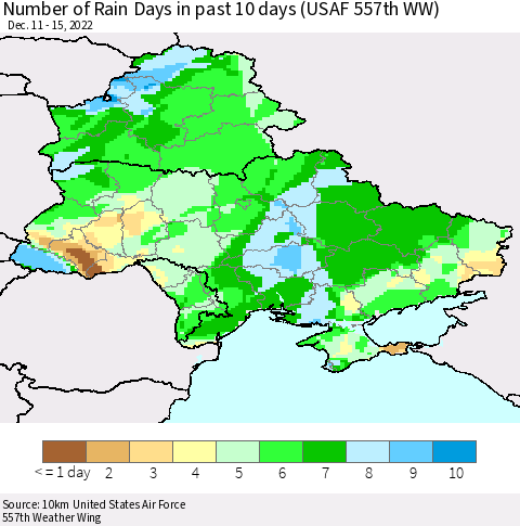 Ukraine, Moldova and Belarus Number of Rain Days in past 10 days (USAF 557th WW) Thematic Map For 12/11/2022 - 12/15/2022