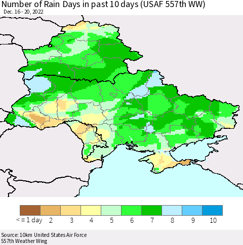 Ukraine, Moldova and Belarus Number of Rain Days in past 10 days (USAF 557th WW) Thematic Map For 12/16/2022 - 12/20/2022