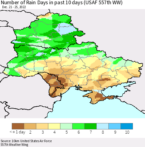 Ukraine, Moldova and Belarus Number of Rain Days in past 10 days (USAF 557th WW) Thematic Map For 12/21/2022 - 12/25/2022