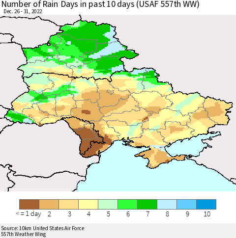 Ukraine, Moldova and Belarus Number of Rain Days in past 10 days (USAF 557th WW) Thematic Map For 12/26/2022 - 12/31/2022