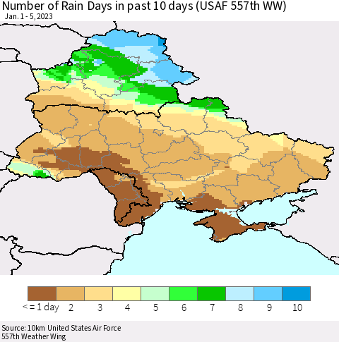 Ukraine, Moldova and Belarus Number of Rain Days in past 10 days (USAF 557th WW) Thematic Map For 1/1/2023 - 1/5/2023