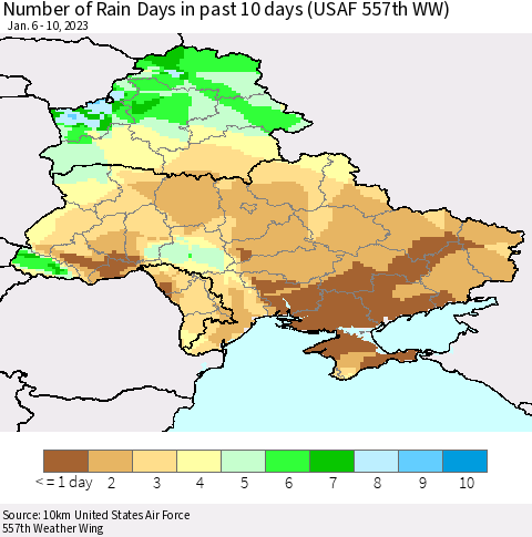 Ukraine, Moldova and Belarus Number of Rain Days in past 10 days (USAF 557th WW) Thematic Map For 1/6/2023 - 1/10/2023