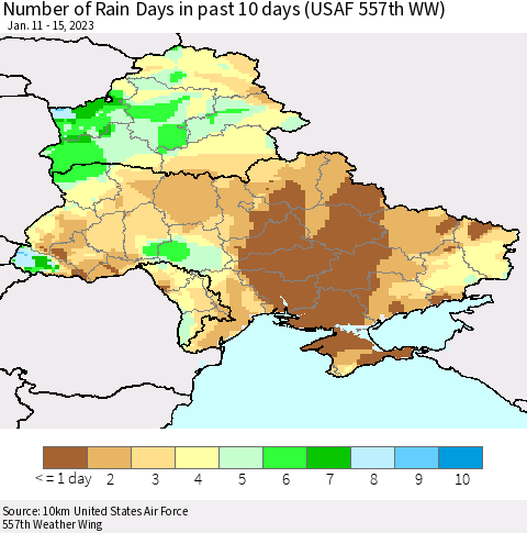 Ukraine, Moldova and Belarus Number of Rain Days in past 10 days (USAF 557th WW) Thematic Map For 1/11/2023 - 1/15/2023