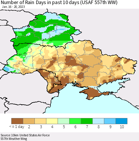 Ukraine, Moldova and Belarus Number of Rain Days in past 10 days (USAF 557th WW) Thematic Map For 1/16/2023 - 1/20/2023