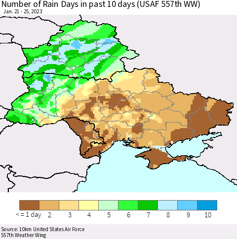 Ukraine, Moldova and Belarus Number of Rain Days in past 10 days (USAF 557th WW) Thematic Map For 1/21/2023 - 1/25/2023