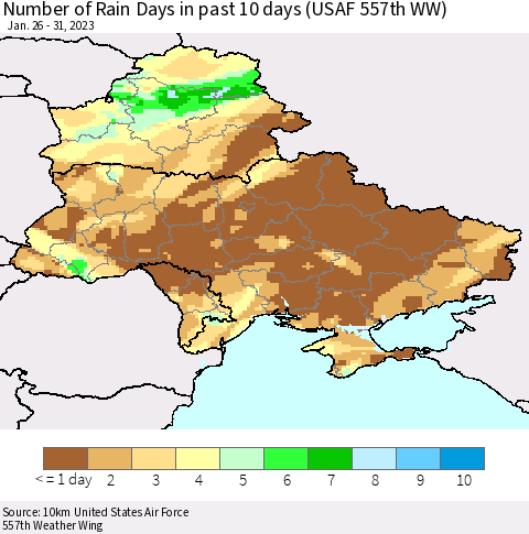 Ukraine, Moldova and Belarus Number of Rain Days in past 10 days (USAF 557th WW) Thematic Map For 1/26/2023 - 1/31/2023