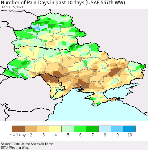 Ukraine, Moldova and Belarus Number of Rain Days in past 10 days (USAF 557th WW) Thematic Map For 2/1/2023 - 2/5/2023