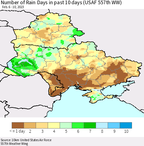 Ukraine, Moldova and Belarus Number of Rain Days in past 10 days (USAF 557th WW) Thematic Map For 2/6/2023 - 2/10/2023