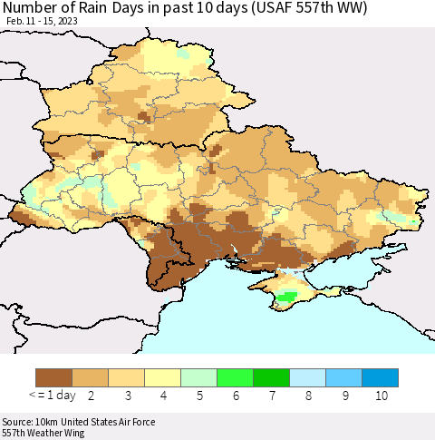 Ukraine, Moldova and Belarus Number of Rain Days in past 10 days (USAF 557th WW) Thematic Map For 2/11/2023 - 2/15/2023