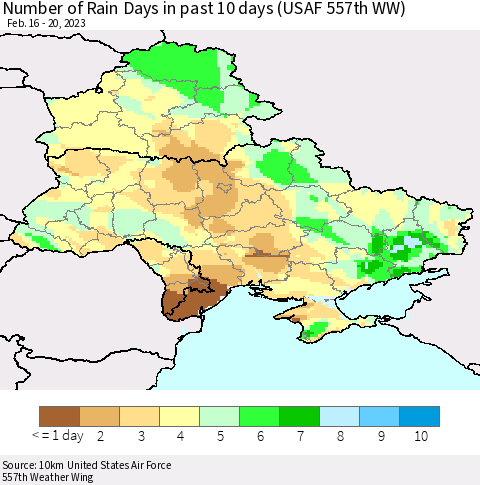 Ukraine, Moldova and Belarus Number of Rain Days in past 10 days (USAF 557th WW) Thematic Map For 2/16/2023 - 2/20/2023