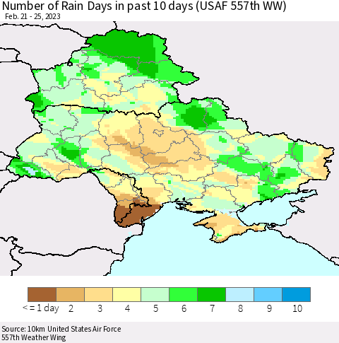 Ukraine, Moldova and Belarus Number of Rain Days in past 10 days (USAF 557th WW) Thematic Map For 2/21/2023 - 2/25/2023