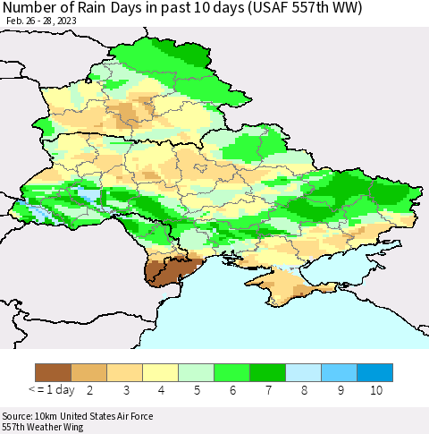 Ukraine, Moldova and Belarus Number of Rain Days in past 10 days (USAF 557th WW) Thematic Map For 2/26/2023 - 2/28/2023