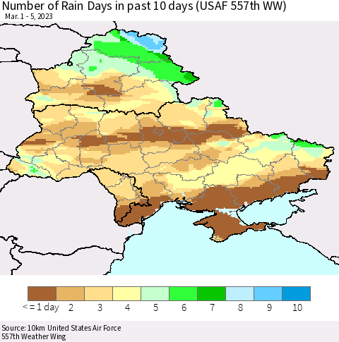 Ukraine, Moldova and Belarus Number of Rain Days in past 10 days (USAF 557th WW) Thematic Map For 3/1/2023 - 3/5/2023