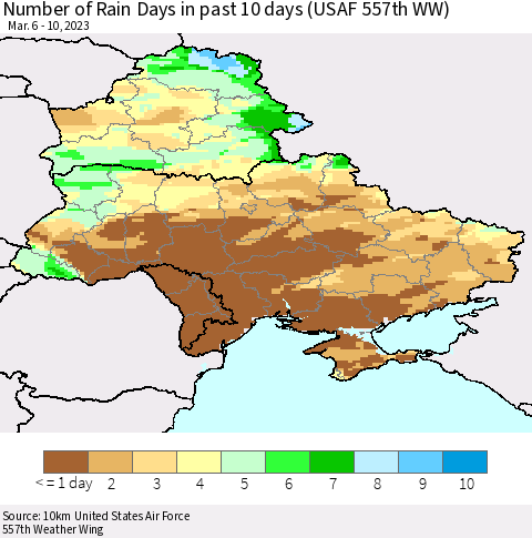 Ukraine, Moldova and Belarus Number of Rain Days in past 10 days (USAF 557th WW) Thematic Map For 3/6/2023 - 3/10/2023