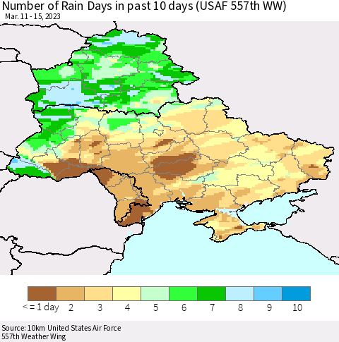 Ukraine, Moldova and Belarus Number of Rain Days in past 10 days (USAF 557th WW) Thematic Map For 3/11/2023 - 3/15/2023