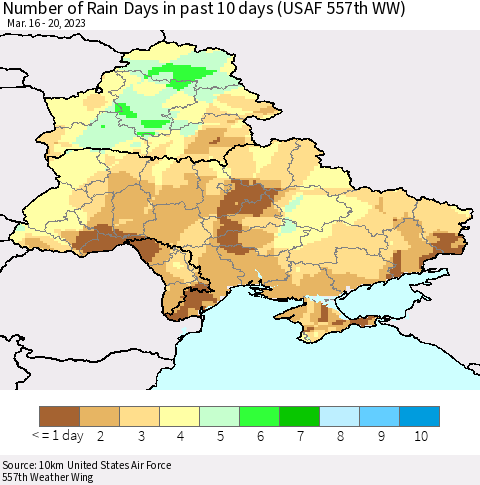 Ukraine, Moldova and Belarus Number of Rain Days in past 10 days (USAF 557th WW) Thematic Map For 3/16/2023 - 3/20/2023