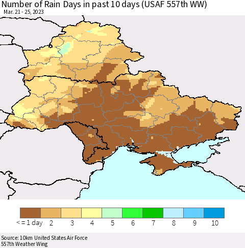 Ukraine, Moldova and Belarus Number of Rain Days in past 10 days (USAF 557th WW) Thematic Map For 3/21/2023 - 3/25/2023