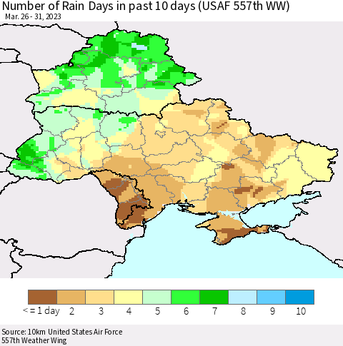 Ukraine, Moldova and Belarus Number of Rain Days in past 10 days (USAF 557th WW) Thematic Map For 3/26/2023 - 3/31/2023