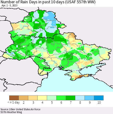 Ukraine, Moldova and Belarus Number of Rain Days in past 10 days (USAF 557th WW) Thematic Map For 4/1/2023 - 4/5/2023