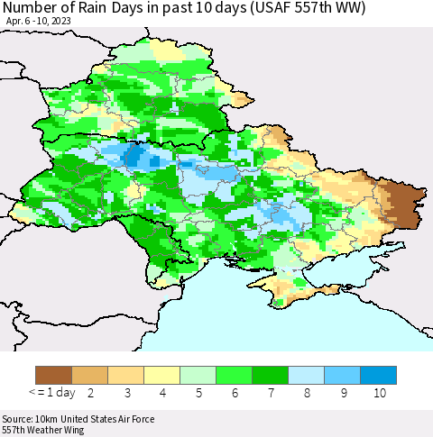 Ukraine, Moldova and Belarus Number of Rain Days in past 10 days (USAF 557th WW) Thematic Map For 4/6/2023 - 4/10/2023