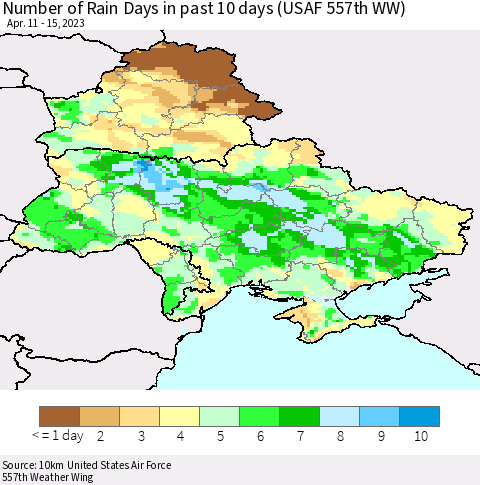 Ukraine, Moldova and Belarus Number of Rain Days in past 10 days (USAF 557th WW) Thematic Map For 4/11/2023 - 4/15/2023