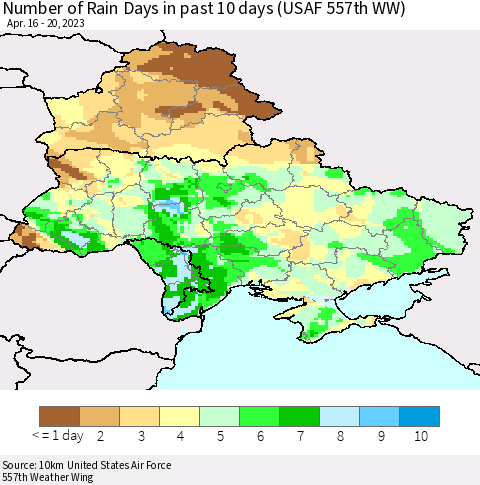 Ukraine, Moldova and Belarus Number of Rain Days in past 10 days (USAF 557th WW) Thematic Map For 4/16/2023 - 4/20/2023