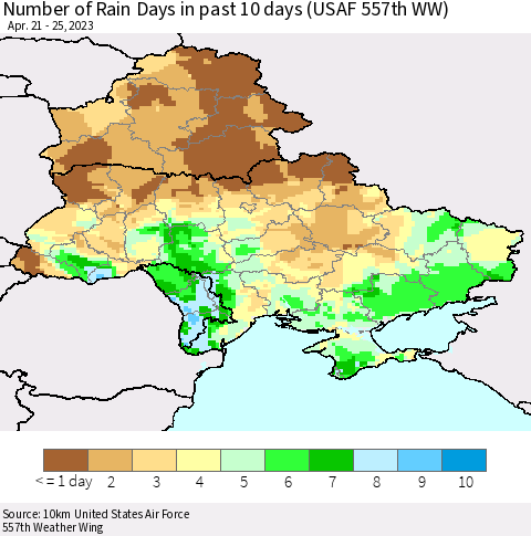 Ukraine, Moldova and Belarus Number of Rain Days in past 10 days (USAF 557th WW) Thematic Map For 4/21/2023 - 4/25/2023