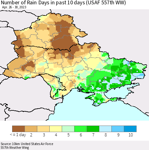 Ukraine, Moldova and Belarus Number of Rain Days in past 10 days (USAF 557th WW) Thematic Map For 4/26/2023 - 4/30/2023