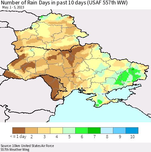 Ukraine, Moldova and Belarus Number of Rain Days in past 10 days (USAF 557th WW) Thematic Map For 5/1/2023 - 5/5/2023