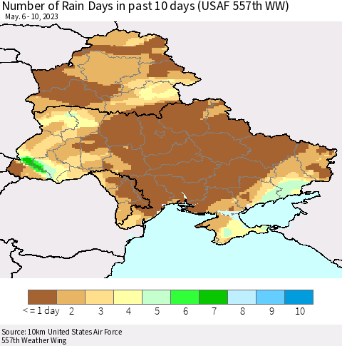 Ukraine, Moldova and Belarus Number of Rain Days in past 10 days (USAF 557th WW) Thematic Map For 5/6/2023 - 5/10/2023