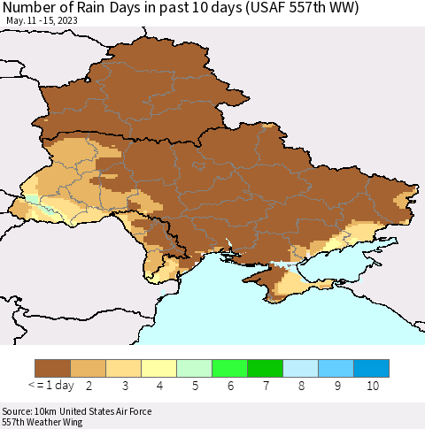 Ukraine, Moldova and Belarus Number of Rain Days in past 10 days (USAF 557th WW) Thematic Map For 5/11/2023 - 5/15/2023