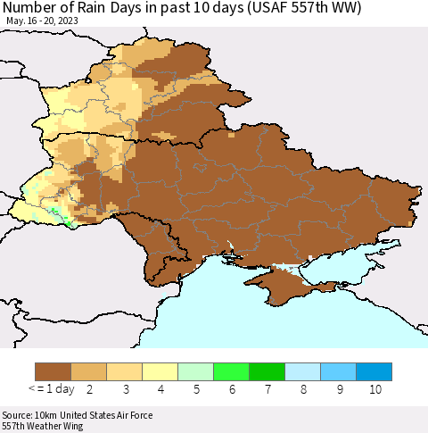 Ukraine, Moldova and Belarus Number of Rain Days in past 10 days (USAF 557th WW) Thematic Map For 5/16/2023 - 5/20/2023