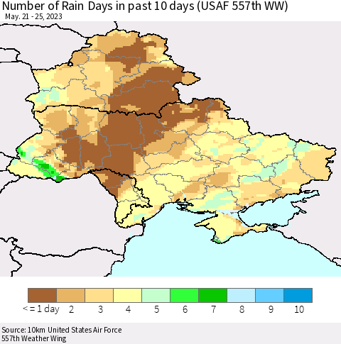 Ukraine, Moldova and Belarus Number of Rain Days in past 10 days (USAF 557th WW) Thematic Map For 5/21/2023 - 5/25/2023