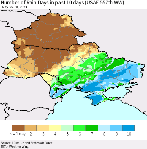 Ukraine, Moldova and Belarus Number of Rain Days in past 10 days (USAF 557th WW) Thematic Map For 5/26/2023 - 5/31/2023