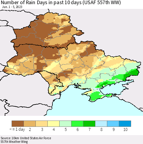 Ukraine, Moldova and Belarus Number of Rain Days in past 10 days (USAF 557th WW) Thematic Map For 6/1/2023 - 6/5/2023
