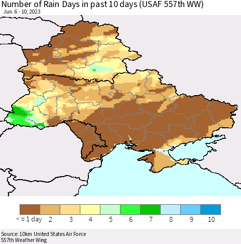 Ukraine, Moldova and Belarus Number of Rain Days in past 10 days (USAF 557th WW) Thematic Map For 6/6/2023 - 6/10/2023