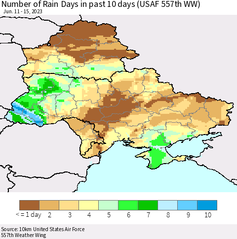 Ukraine, Moldova and Belarus Number of Rain Days in past 10 days (USAF 557th WW) Thematic Map For 6/11/2023 - 6/15/2023