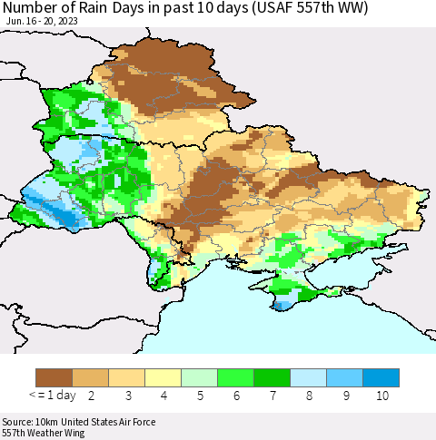 Ukraine, Moldova and Belarus Number of Rain Days in past 10 days (USAF 557th WW) Thematic Map For 6/16/2023 - 6/20/2023