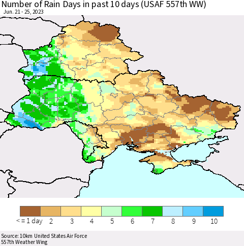 Ukraine, Moldova and Belarus Number of Rain Days in past 10 days (USAF 557th WW) Thematic Map For 6/21/2023 - 6/25/2023