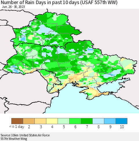 Ukraine, Moldova and Belarus Number of Rain Days in past 10 days (USAF 557th WW) Thematic Map For 6/26/2023 - 6/30/2023