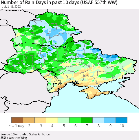 Ukraine, Moldova and Belarus Number of Rain Days in past 10 days (USAF 557th WW) Thematic Map For 7/1/2023 - 7/5/2023