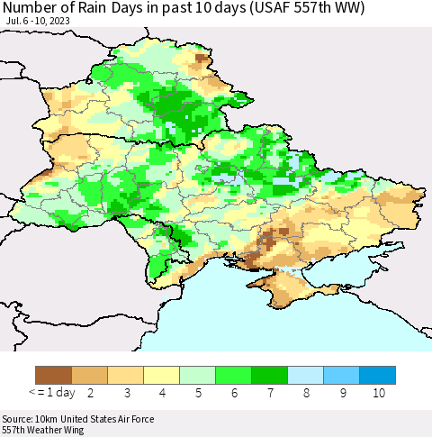 Ukraine, Moldova and Belarus Number of Rain Days in past 10 days (USAF 557th WW) Thematic Map For 7/6/2023 - 7/10/2023
