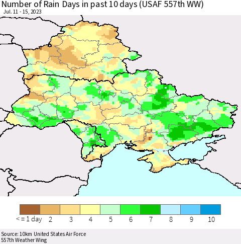 Ukraine, Moldova and Belarus Number of Rain Days in past 10 days (USAF 557th WW) Thematic Map For 7/11/2023 - 7/15/2023