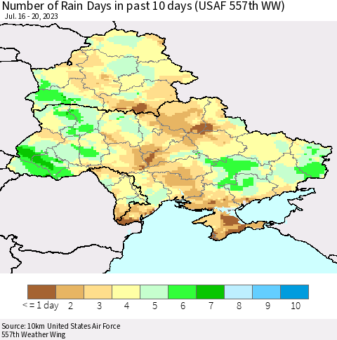 Ukraine, Moldova and Belarus Number of Rain Days in past 10 days (USAF 557th WW) Thematic Map For 7/16/2023 - 7/20/2023