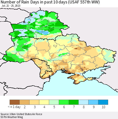 Ukraine, Moldova and Belarus Number of Rain Days in past 10 days (USAF 557th WW) Thematic Map For 7/21/2023 - 7/25/2023