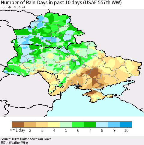 Ukraine, Moldova and Belarus Number of Rain Days in past 10 days (USAF 557th WW) Thematic Map For 7/26/2023 - 7/31/2023