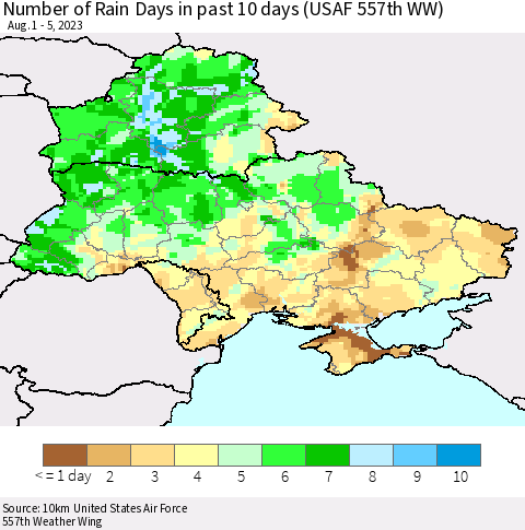 Ukraine, Moldova and Belarus Number of Rain Days in past 10 days (USAF 557th WW) Thematic Map For 8/1/2023 - 8/5/2023