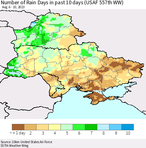 Ukraine, Moldova and Belarus Number of Rain Days in past 10 days (USAF 557th WW) Thematic Map For 8/6/2023 - 8/10/2023