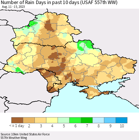 Ukraine, Moldova and Belarus Number of Rain Days in past 10 days (USAF 557th WW) Thematic Map For 8/11/2023 - 8/15/2023